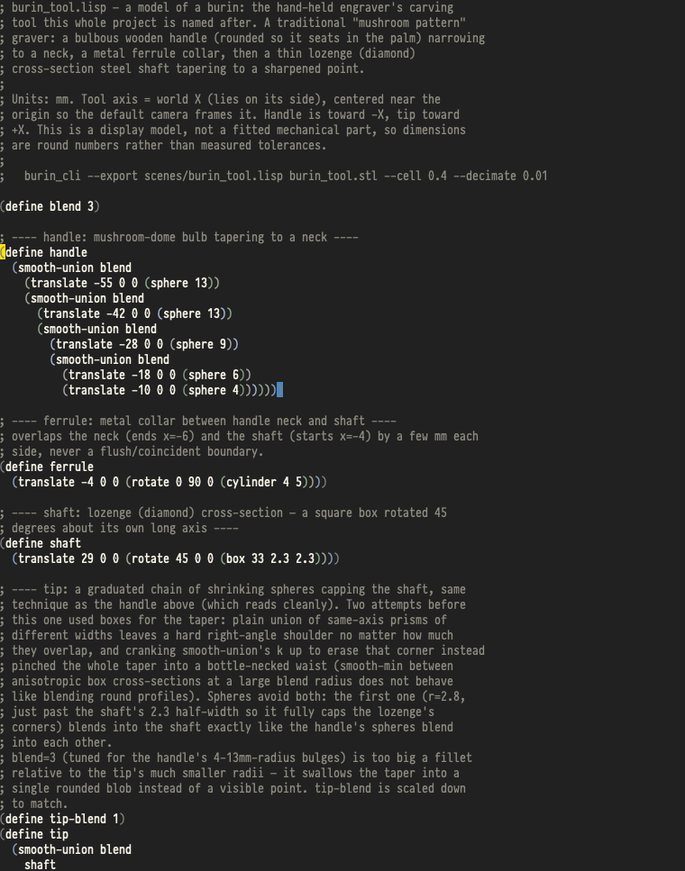 Burin Lisp code editor showing SDF/CSG modeling code